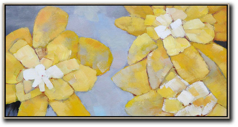 Horizontal Palette Knife Contemporary Art,Large Abstract Wall Art,Dusty Blue,Yellow,White